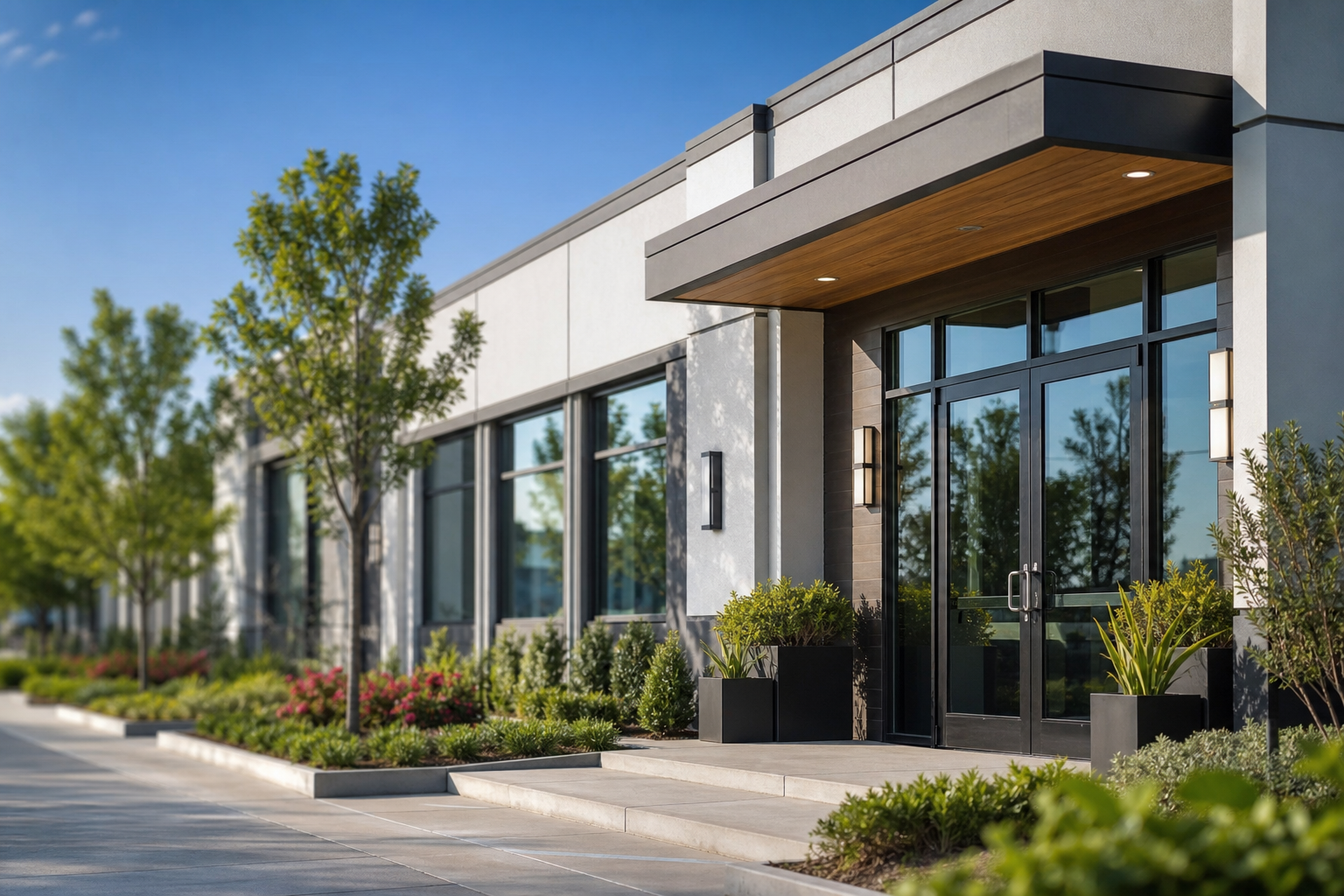 A modern commercial building on a quiet street