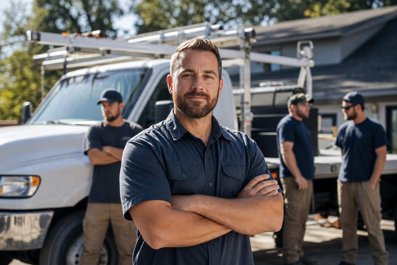 A contractor standing with his crew in front of a work truck on site