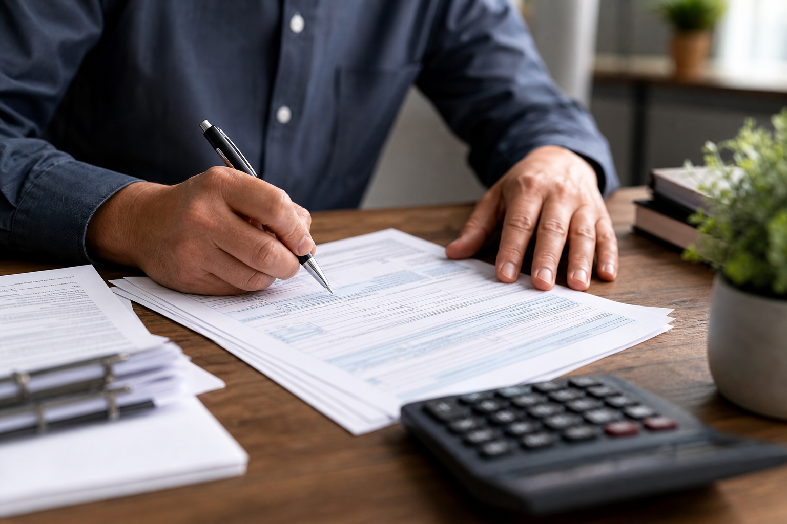 An owner working through invoices and figures at a desk