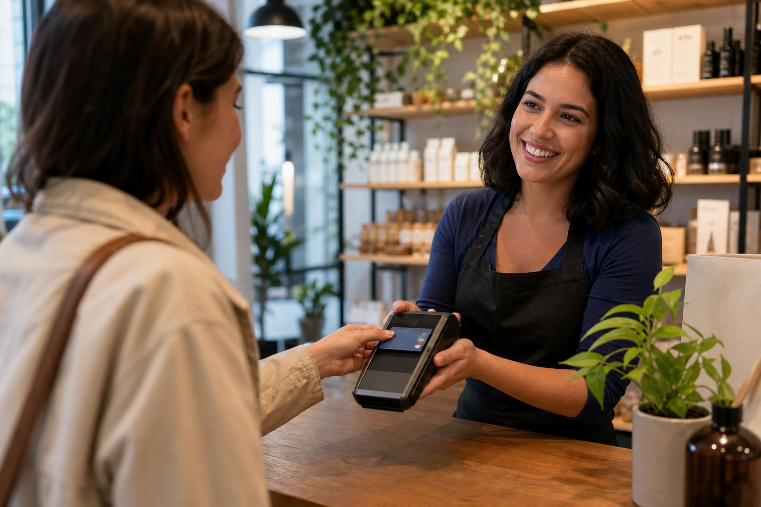 A customer paying by card at a shop counter