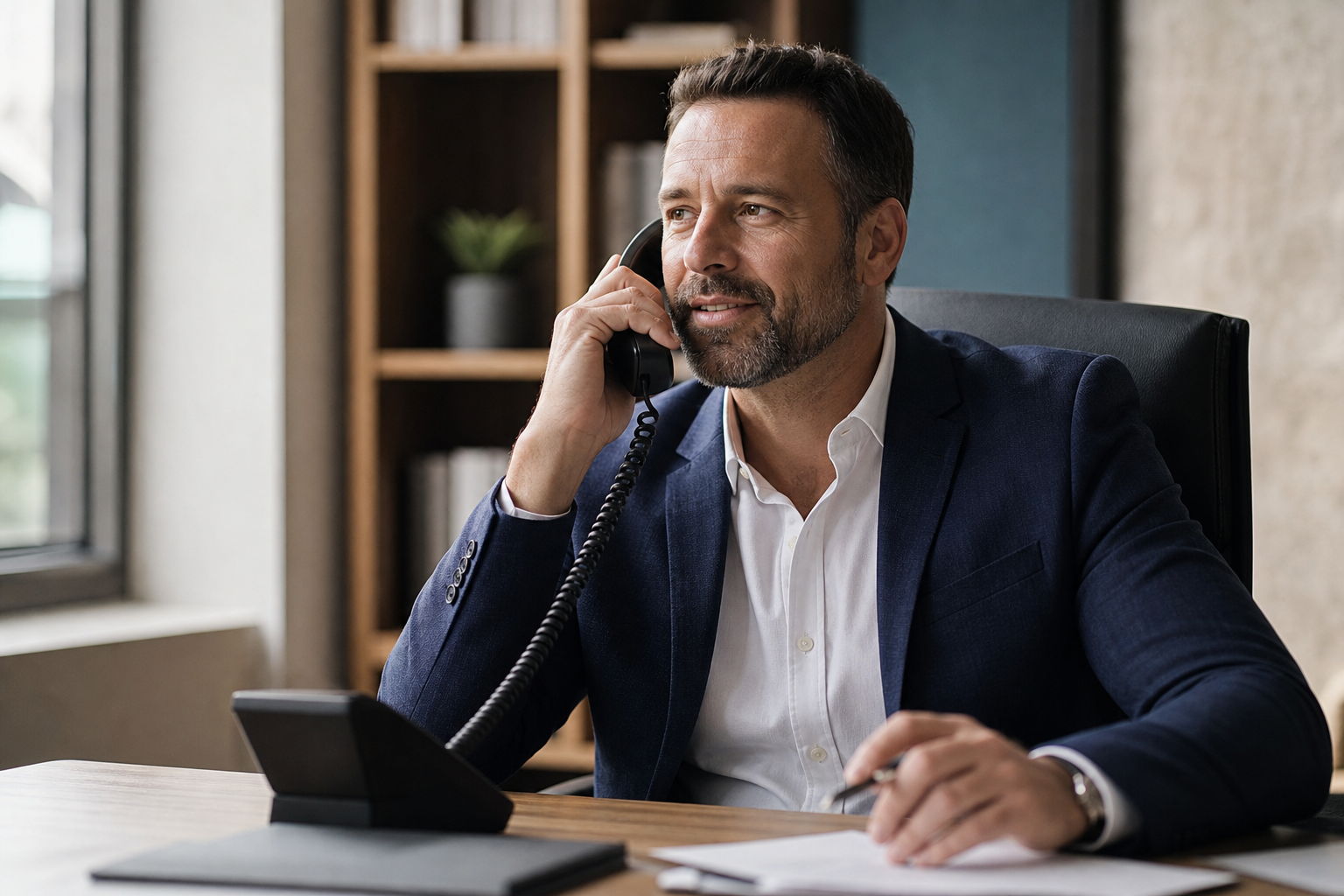 A business owner taking a call at his office desk