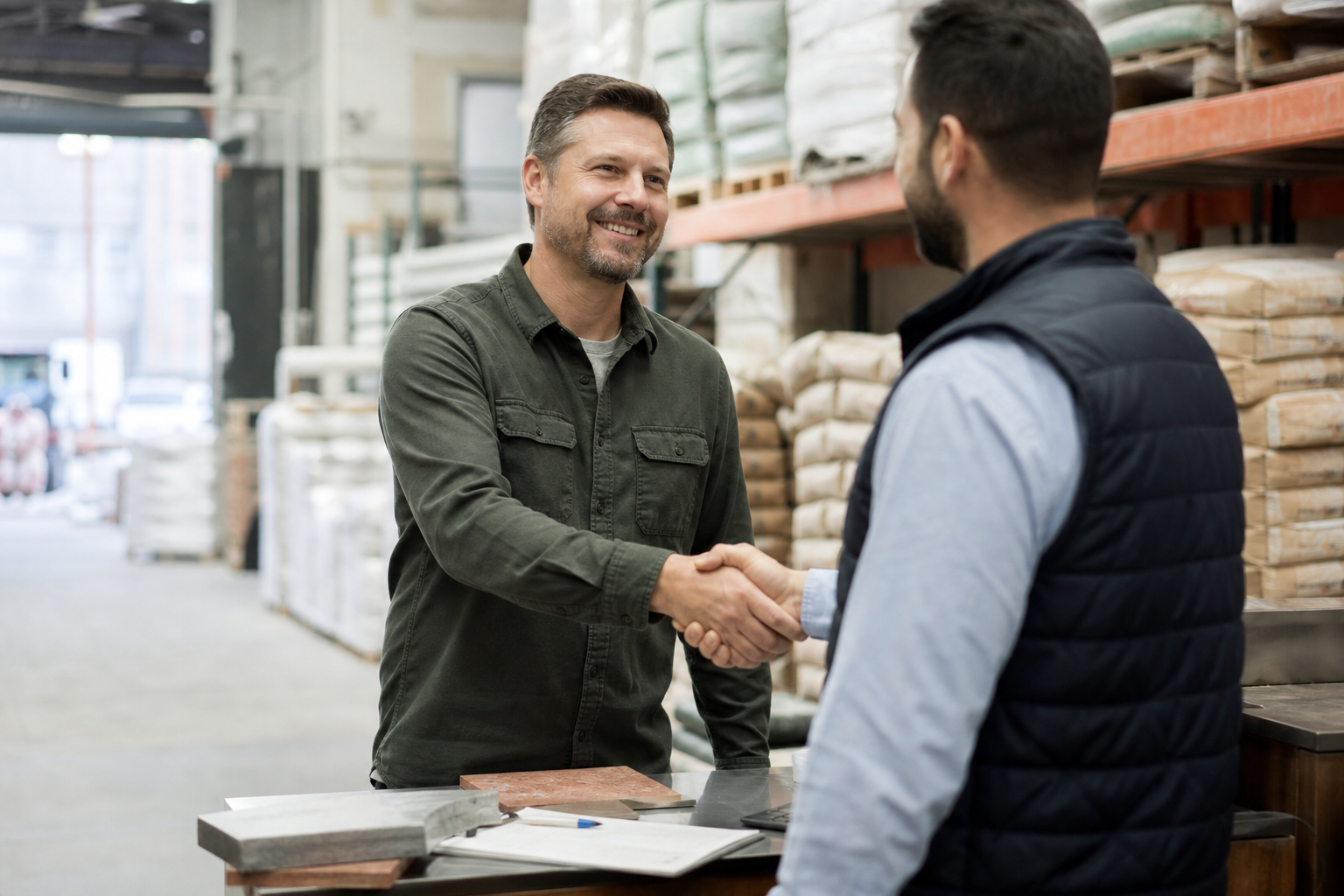 Two people shaking hands in a warehouse stacked with inventory